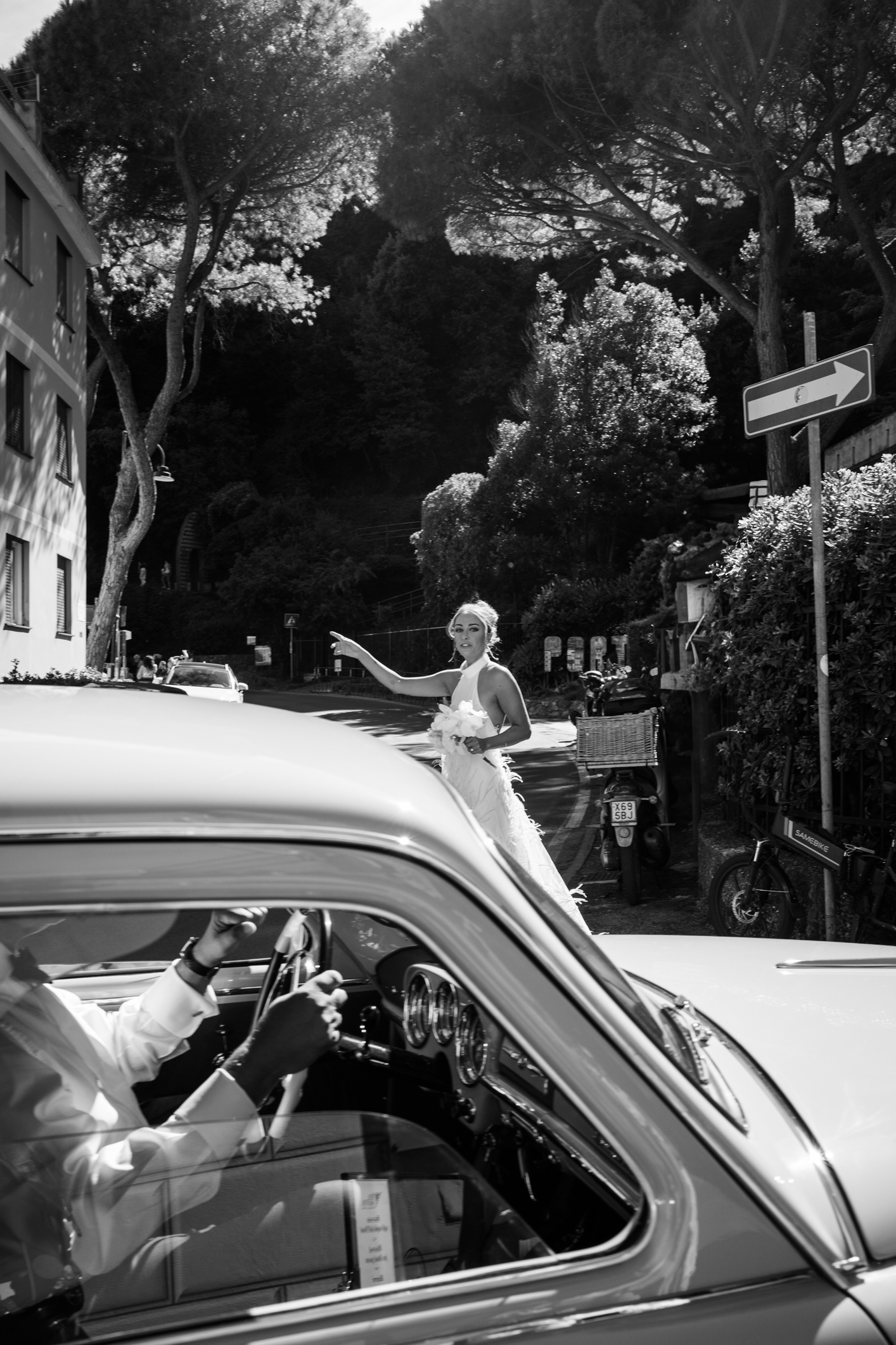 Elegant wedding in Portofino, with a view of the Ligurian bay, celebration at the historic Vesta Portofino by Dolce & Gabbana venue, capturing the atmosphere of the Dolce Vita and the Italian Riviera, bride go to the cerimony in Portofino