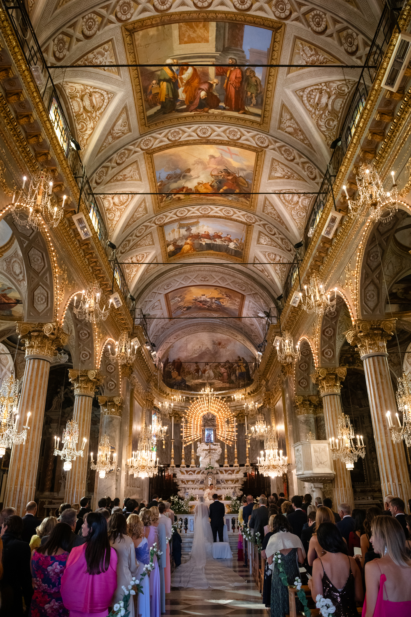 Elegant wedding in Portofino, with a view of the Ligurian bay, celebration at the historic Vesta Portofino by Dolce & Gabbana venue, capturing the atmosphere of the Dolce Vita and the Italian Riviera, historic church in Santa Margherita Ligure