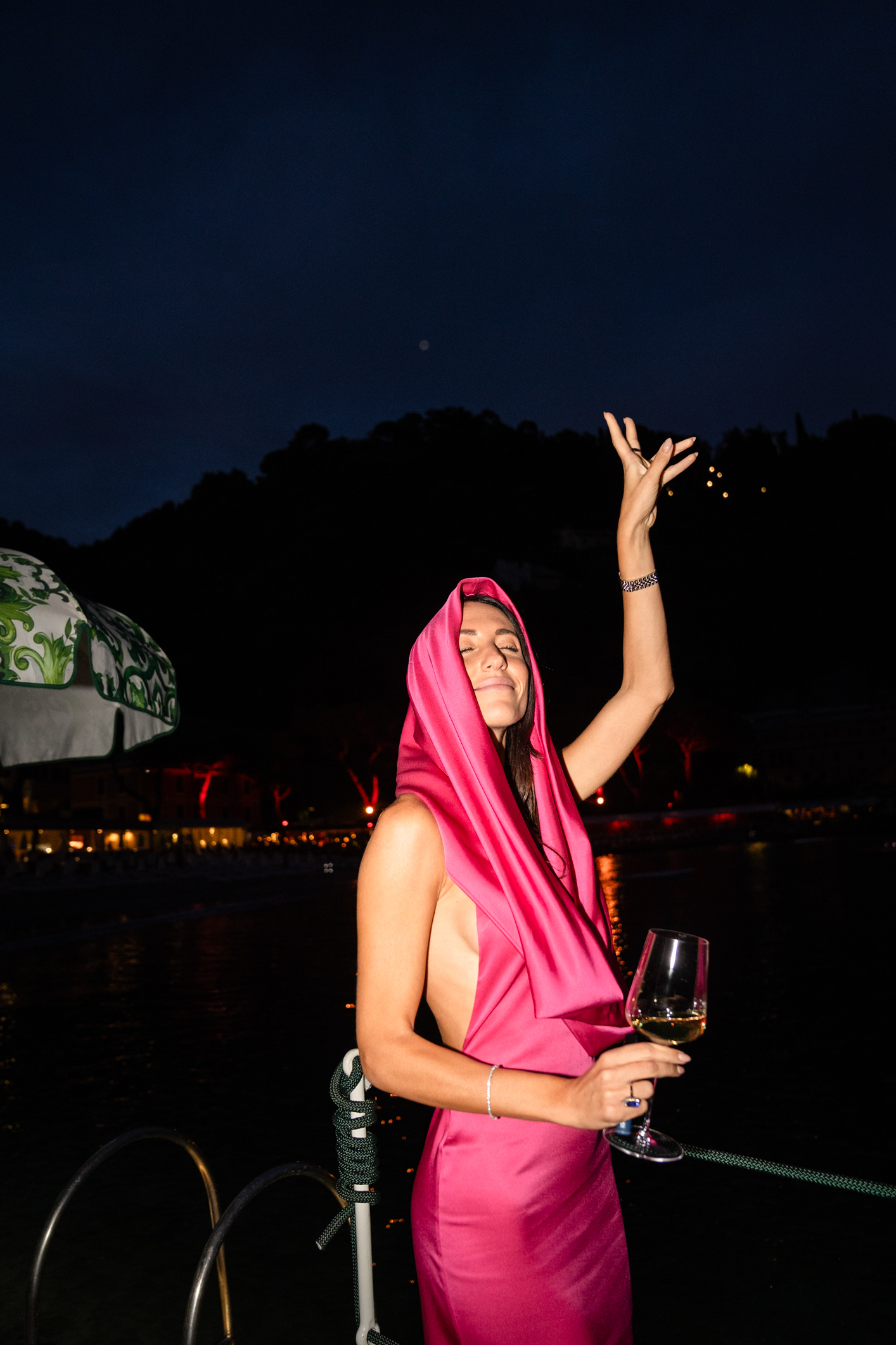 Elegant wedding in Portofino,  capturing the atmosphere of the Dolce Vita and the Italian Riviera, guest at the aperitive in one of the most luxury venue in portofino, the Vesta Portofino by Dolce e Gabbana